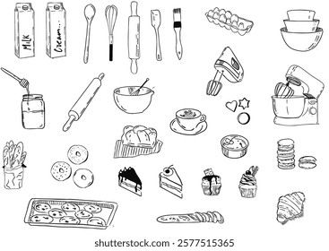 hand drawn vector linework illustration of bakery items. stylized linework drawing of bakeware