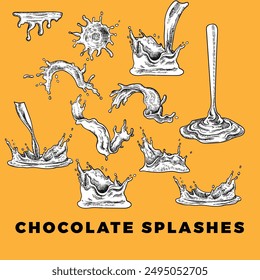 Hand drawn vector liquid splashes, drops, droplets, falling, juice. Easy to edit and use vector food assets. Black outline, white fill in separate groups. Could be milk, chocolate, juice, water.