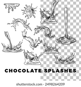 Hand drawn vector liquid splashes, drops, droplets, falling, juice. Easy to edit and use vector food assets. Black outline, no fill, with fine details. Could be milk, chocolate, juice, water.