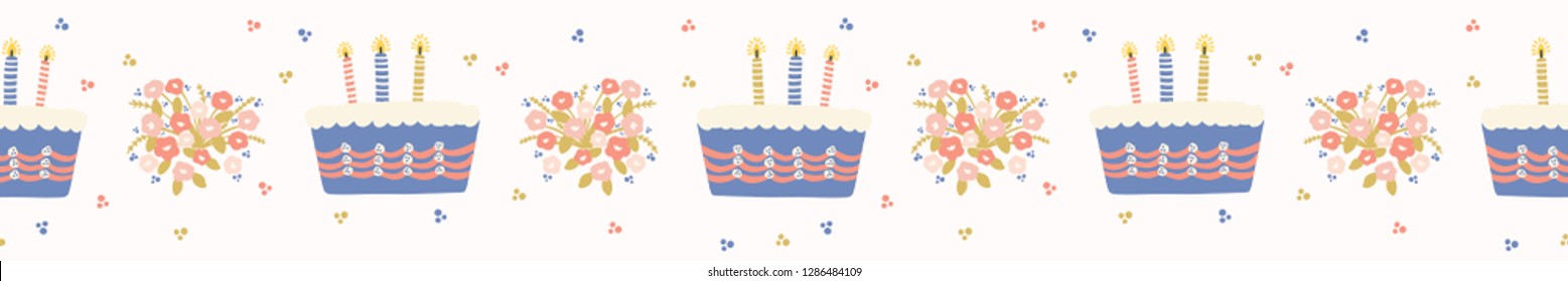 Hand drawn vector lit candles on birthday cake with flower bouquet. Seamless repeat border. Kawaii candlelight bakery illustration with sprinkle confetti for birthday party celebration banner ribbon.