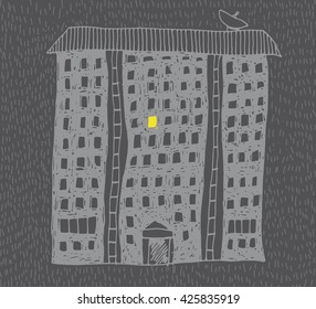 Hand drawn vector living block in night with one luminous window.