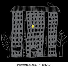 Hand drawn vector living block in night with one luminous window.