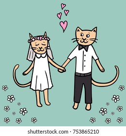 Hand drawn vector llustration of cartoon of wedding of cats. Could be used for poster, printer, book, paper, textile.