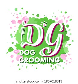 Hand drawn vector logo with color lettering on textured background Dog Grooming for signboard, pet shop, information messages, design, poster, website, sticker, business card, label, banner, template