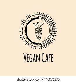 Hand drawn vector logo with a picture of carrots for Vegan cafe or restaurant menu or organic food shop. Ayurvedic illustration.