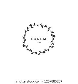Hand drawn vector logo template. Floral round cute frame. Romantic illustration, feminine element. For business branding and identity. Black on white isolated symbol.