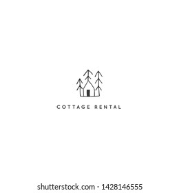 Hand drawn vector logo template, a house in a forest among the trees. Property rental theme. For real estate agents and house owners. Business branding and identity.