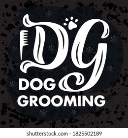 Logo del vector dibujado a mano "Perro Grooming" para cartón, tienda de mascotas, afiche o tarjeta de visita