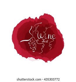 Hand drawn vector logo for wine list. Branch of grapes, leaf and word wine made in vintage stile on burgundy watercolor circle splash. Concept for companies, restaurants, bars, menu, organic products.