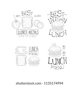 Hand drawn vector logos for menu of cafe or restaurant. Lunch time, best in town. Monochrome emblems with tasty burgers ans sandwiches