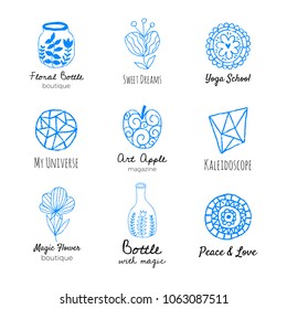 Hand drawn vector logotype collection. Blue modern signs. Isolated floral logo. Design for branding.