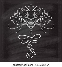 Hand drawn vector lotus flower on a chalkboard background. Oriental sacred symbol.