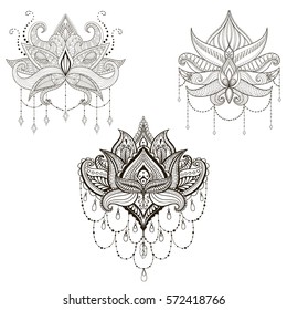 Hand drawn vector Lotus flower set, vector illustration, ornamental ethnic paisley.  Henna tattoo art, boho and magic symbol in zentangle style for adult coloring page