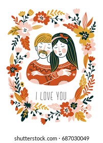Hand drawn vector love card with couple and flowers for Valentine's day. Stylish background for romantic card.  Isolated on the white background.