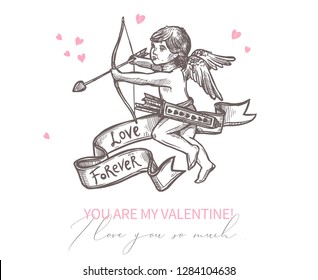 Hand drawn vector love illustration, wedding and Valentines Day. Flying Cupid with bow and arrows. Vintage retro sketch style. Engraving template design