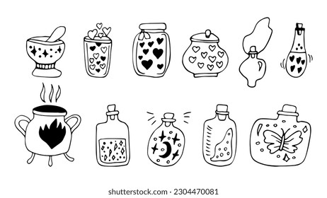 Hand drawn vector love poison collection in doodle style.