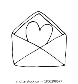 Hand drawn vector love romantic envelope. Heart envelope for lovely letters. Cute doodle sketch.