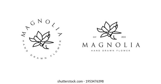 Ilustración del logotipo de las flores de magnolia vector dibujado a mano. Herencia floral. Emblema floral botánico con tipografía sobre fondo blanco