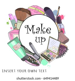 Hand drawn vector makeup elements. Colored circle logo. Insert your own text