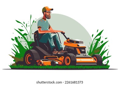 hand drawn vector man on a lawn mower mows the grass