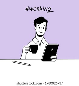 Hand drawn vector man sitting at the desk, reading on tablet and drinking coffee.