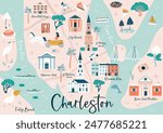 Hand drawn vector map of Charleston, South Carolina, USA with famous landmarks and symbols. Perfect for tourist posters, graphic prints, travel magazines