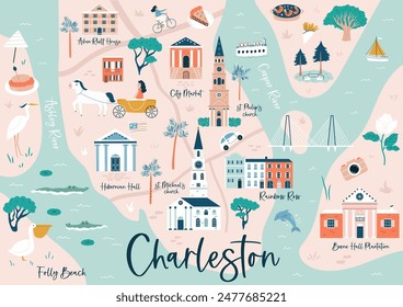 Handgezeichnete Vektorgrafik Karte von Charleston, South Carolina, USA mit bekannten Wahrzeichen und Symbolen. Perfekt für Touristenplakate, Grafikdrucke, Reisemagazine