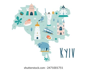 Hand drawn vector map of Kyiv city, Ukraine with famous landmarks and symbols. Good for tourist posters, graphic prints, t-shirts, travel magazines