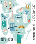 Hand drawn vector map of New York city, USA with famous landmarks and symbols. Perfect for tourist posters, graphic prints, t-shirts, travel magazines