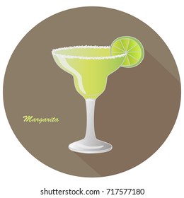 Hand drawn vector of a Margarita alcohol tequila and triple sec cocktail with a citrus lime slice decoration with salt on the rim of margarita glass, in a brown circle with a shadow and text. Bar menu