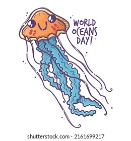 Hand drawn vector Marine life. Cute jellyfish as a symbol of World Ocean Day.