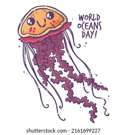 Hand drawn vector Marine life. Cute jellyfish as a symbol of World Ocean Day.