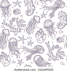Hand drawn vector Marine life seamless pattern. Jellyfish, coral, algae, seahorse and starfish.