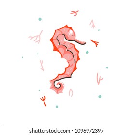 Hand drawn vector marine seahorse isolated on white background.