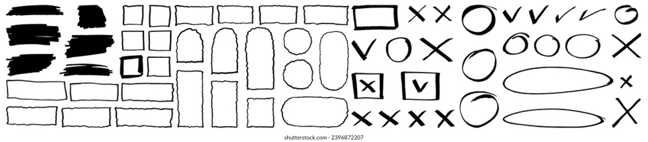 Hand drawn vector marker scribble check boxes, arrows, arch shape frames. Grunge sketch right wrong tick boxes, cross marks, wavy rectangles, circles and arches. Emphasis info graphic collage elements