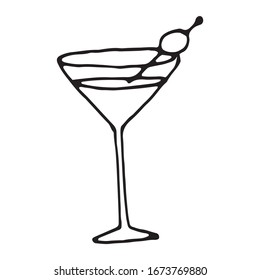 Hand drawn vector martini cocktail with olive. Doodle style illustration. Clipart element for bar or cafe menu design, wrapping paper, scrapbooking, printed materials.
