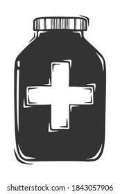 Hand drawn vector of medical bottle with cross, isolated on white background.