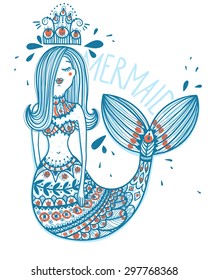  hand drawn vector mermaid with folk ornaments