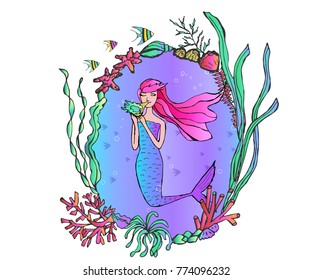 Hand drawn vector mermaid and seaweed frame. Gradient style. Vector illustration