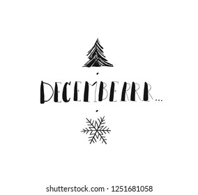 Hand drawn vector Merry Christmas and Happy New Year rough freehand graphic greeting design element with handwritten modern calligraphy phase December isolated on white background