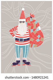 Hand drawn vector  Merry Christmas time illustration greeting card with Santa Claus,bag of many surprise gifts. Holly Jolly. Happy new year.