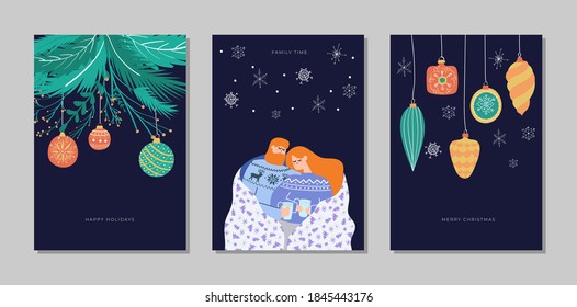 Hand drawn vector Merry Christmas and Happy New Year cards collection set with cute illustrations, loving couple with mugs under blanket; vintage christmas tree branches, decoration and balls