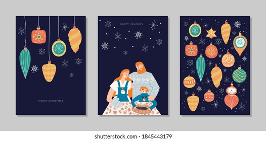 Hand drawn vector Merry Christmas and Happy New Year cards collection set with cute illustrations, happy family baking ginger cookies; vintage christmas tree decoration