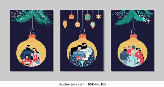 Hand drawn vector Merry Christmas and Happy New Year cards collection set with illustrations, family baking cookies, build snowman, with mugs under blanket; vintage christmas tree branches, decoration