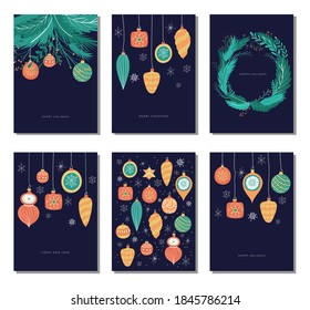 Hand drawn vector Merry Christmas and Happy New Year cards collection set with vintage illustrations, Xmas tree, christmas decoration; christmas balls