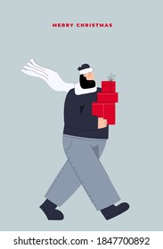 Hand drawn vector Merry Christmas and Happy New Year postcard with man carrying Christmas gift boxes from christmas sale