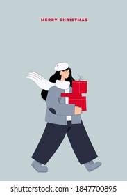 Hand drawn vector Merry Christmas and Happy New Year postcard with woman carrying Christmas gift boxes from christmas sale