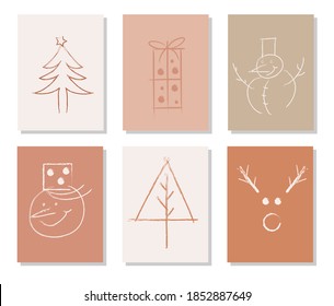 Hand Drawn Vector Merry Christmas and Happy New Year greeting card set with cute snowman, gifts, Christmas tree and reindeer. Line art, minimal style 
