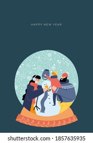 Hand drawn vector Merry Christmas and Happy New Year cards collection set with cute illustrations, family in snowball making snowman, vintage christmas snowball