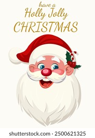 Hand drawn vector Merry Christmas cartoon illustration greeting card. Santa Claus with Xmas berry and cane. Vector design